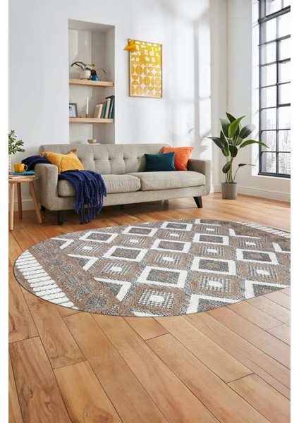 3D Dijital Kaymaz Yıkanabilir Şık Kilim Desen Oval Yolluk Halısı Salon Halısı O-Modern-69-Kahve