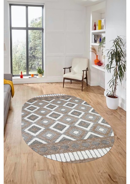 3D Dijital Kaymaz Yıkanabilir Şık Kilim Desen Oval Yolluk Halısı Salon Halısı O-Modern-69-Kahve
