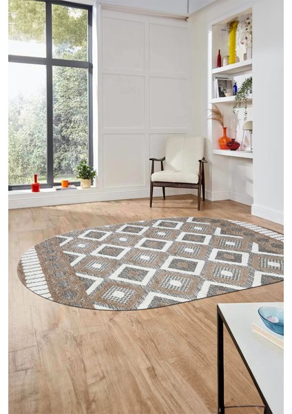 3D Dijital Kaymaz Yıkanabilir Şık Kilim Desen Oval Yolluk Halısı Salon Halısı O-Modern-69-Kahve