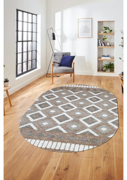 3D Dijital Kaymaz Yıkanabilir Şık Kilim Desen Oval Yolluk Halısı Salon Halısı O-Modern-69-Kahve