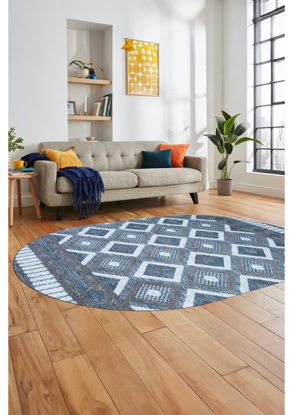 3D Dijital Kaymaz Yıkanabilir Şık Kilim Desen Oval Yolluk Halısı Salon Halısı O-Modern-69-Mavi