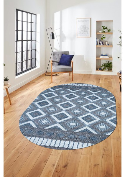 3D Dijital Kaymaz Yıkanabilir Şık Kilim Desen Oval Yolluk Halısı Salon Halısı O-Modern-69-Mavi