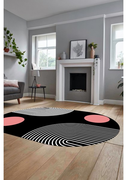 Baskılı Kaymaz Yıkanabilir Oval Koridor Halısı Mutfak Halısı Salon Halısı O-Modern-52-Pembe