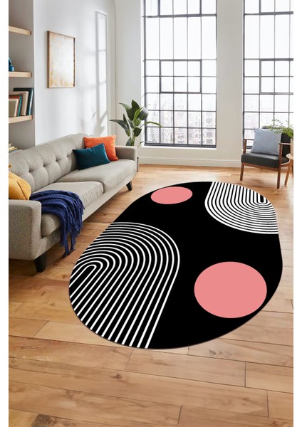 Baskılı Kaymaz Yıkanabilir Oval Koridor Halısı Mutfak Halısı Salon Halısı O-Modern-52-Pembe