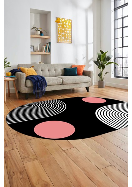 Baskılı Kaymaz Yıkanabilir Oval Koridor Halısı Mutfak Halısı Salon Halısı O-Modern-52-Pembe