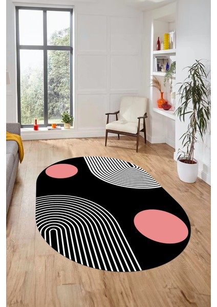 Baskılı Kaymaz Yıkanabilir Oval Koridor Halısı Mutfak Halısı Salon Halısı O-Modern-52-Pembe