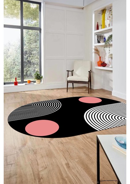 Baskılı Kaymaz Yıkanabilir Oval Koridor Halısı Mutfak Halısı Salon Halısı O-Modern-52-Pembe