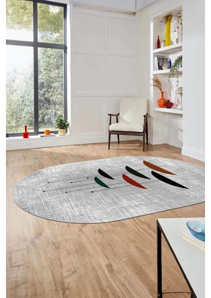 Baskılı Kaymaz Taban Yıkanabilir Modern Oval Yolluk Mutfak Salon Halısı O-MODERN-112-GRİ