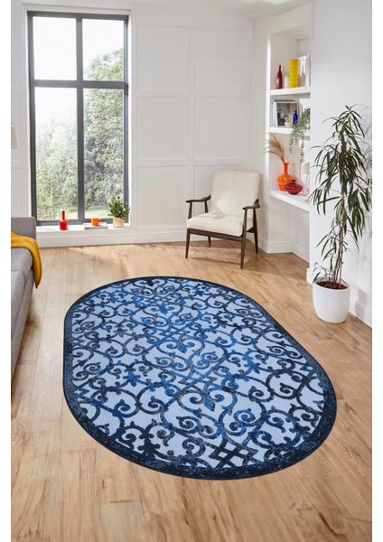 Modern Klasik Desen Dijital Kaymaz Yıkanabilir Oval Yolluk Mutfak Salon Halısı O-Modern-32-Mavi indirimleri