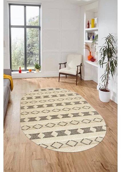 Baskılı Kaymaz Yıkanabilir Kilim Desen Oval Yolluk Mutfak Halısı Salon Halısı O-Modern-64-Kahve modelleri