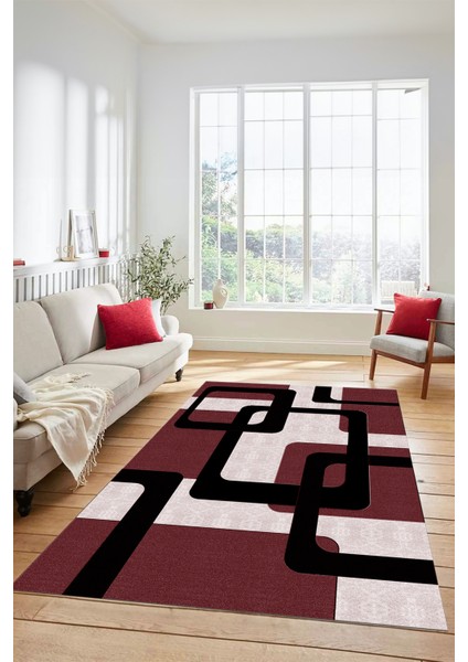 Şık Baskılı Kaymaz Yıkanabilir Modern Yolluk Koridor Mutfak Salon Halısı Modern-40-Bordo