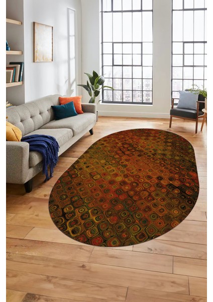 3D Modern Desen Dijital Kaymaz Yıkanabilir Oval Yolluk Mutfak Salon Halısı O-Modern-27-Yuruncu