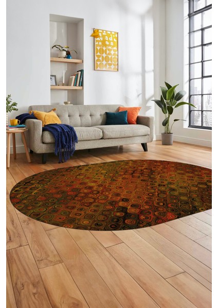 3D Modern Desen Dijital Kaymaz Yıkanabilir Oval Yolluk Mutfak Salon Halısı O-Modern-27-Yuruncu