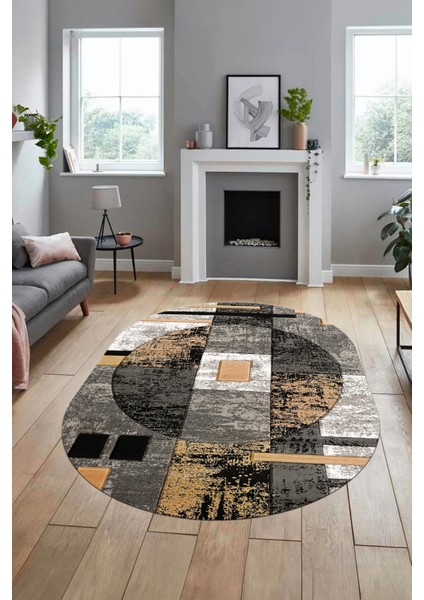 Modern Göbekli Desen Dijital Kaymaz Yıkanabilir Oval Yolluk Mutfak Salon Halısı O-Modern-33-Gold