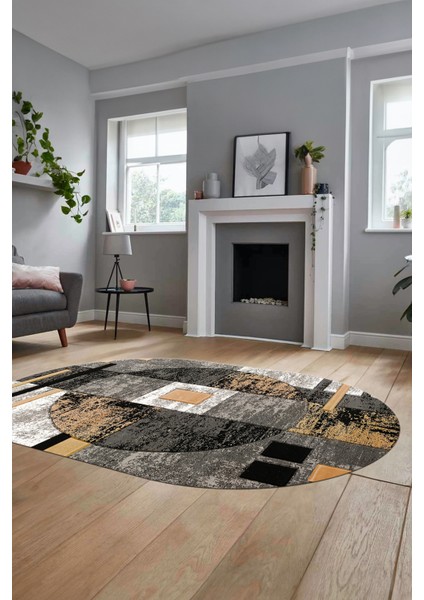 Modern Göbekli Desen Dijital Kaymaz Yıkanabilir Oval Yolluk Mutfak Salon Halısı O-Modern-33-Gold fiyatları