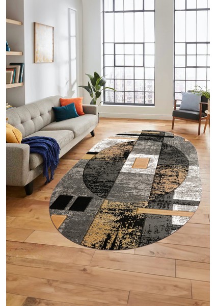 Modern Göbekli Desen Dijital Kaymaz Yıkanabilir Oval Yolluk Mutfak Salon Halısı O-Modern-33-Gold modelleri