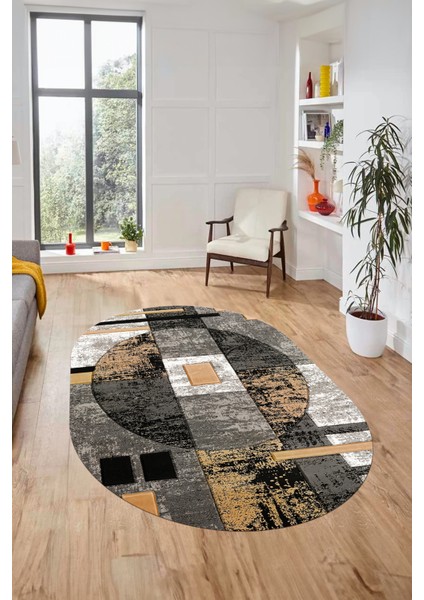 Modern Göbekli Desen Dijital Kaymaz Yıkanabilir Oval Yolluk Mutfak Salon Halısı O-Modern-33-Gold indirimleri