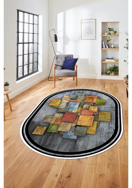 Çerçeveli Desenli Dijital Kaymaz Yıkanabilir Oval Yolluk Mutfak Salon Halısı O-Modern-13-Renkli
