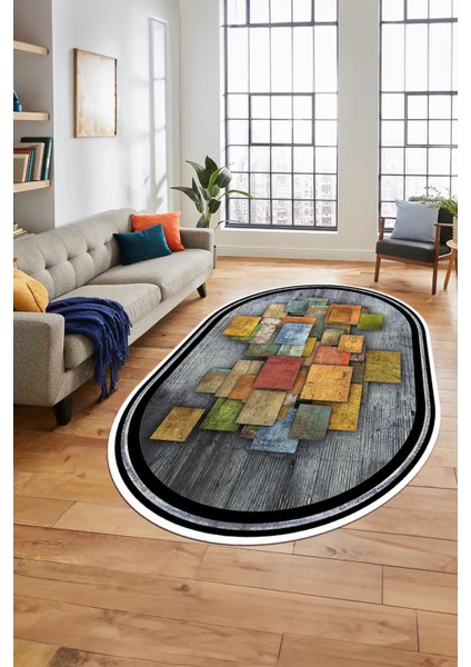 Çerçeveli Desenli Dijital Kaymaz Yıkanabilir Oval Yolluk Mutfak Salon Halısı O-Modern-13-Renkli