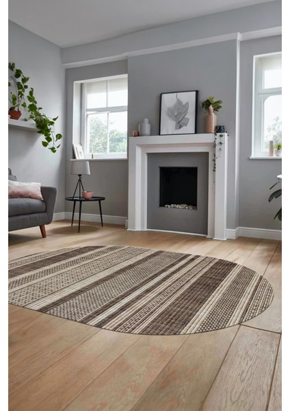 Modern Kilim Desenli Dijital Kaymaz Yıkanabilir Oval Yolluk Mutfak Salon Halısı O-Modern-36-Kahve fiyatları