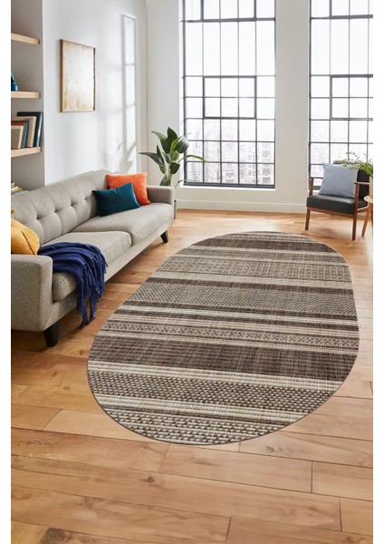 Modern Kilim Desenli Dijital Kaymaz Yıkanabilir Oval Yolluk Mutfak Salon Halısı O-Modern-36-Kahve modelleri