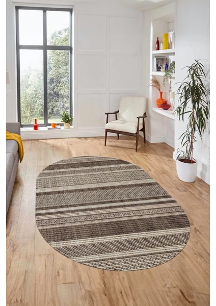 Modern Kilim Desenli Dijital Kaymaz Yıkanabilir Oval Yolluk Mutfak Salon Halısı O-Modern-36-Kahve indirimleri