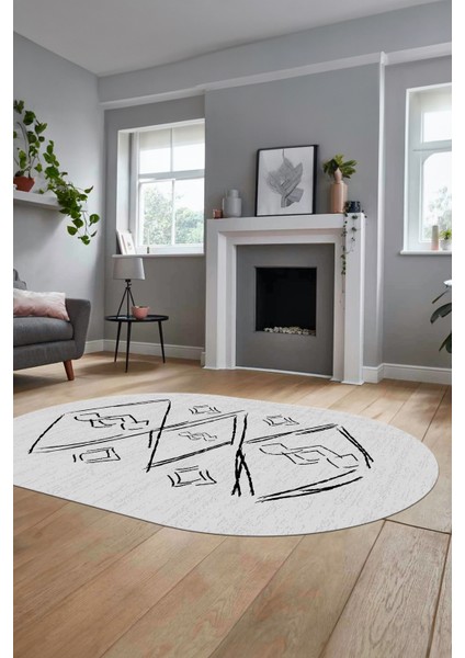 Baskılı Kaymaz Yıkanabilir Şık Modern Oval Yolluk Mutfak Halısı Salon Halısı O-Modern-59-Gri