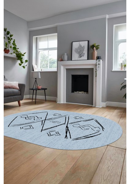 Baskılı Kaymaz Yıkanabilir Şık Modern Oval Yolluk Mutfak Halısı Salon Halısı O-Modern-59-Mavi