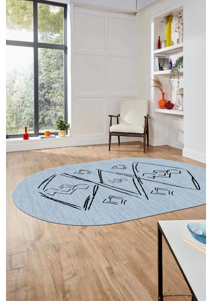 Baskılı Kaymaz Yıkanabilir Şık Modern Oval Yolluk Mutfak Halısı Salon Halısı O-Modern-59-Mavi indirimleri