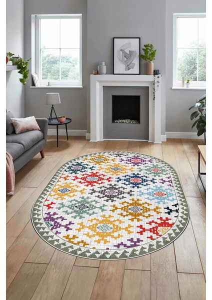 Etnik Modern Desenli Dijital Kaymaz Yıkanabilir Oval Yolluk Mutfak Salon Halısı O-Modern-14-Renkli modelleri