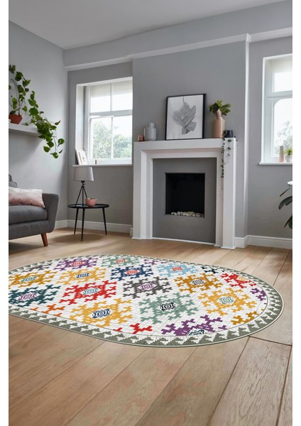 Etnik Modern Desenli Dijital Kaymaz Yıkanabilir Oval Yolluk Mutfak Salon Halısı O-Modern-14-Renkli fırsatları