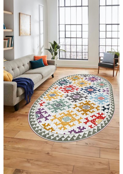 Etnik Modern Desenli Dijital Kaymaz Yıkanabilir Oval Yolluk Mutfak Salon Halısı O-Modern-14-Renkli indirimleri
