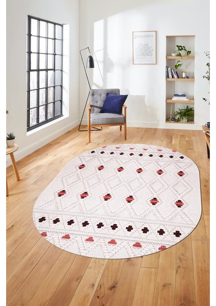 Baskılı Kaymaz Yıkanabilir Şık Kilim Desen Oval Yolluk Halısı Salon Halısı O-Modern-65-Pembe indirimleri