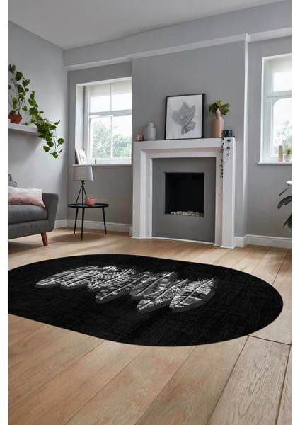 Baskılı Kaymaz Yıkanabilir Modern Yaprak Desen Oval Yolluk Salon Halısı O-Modern-50-Antrasit