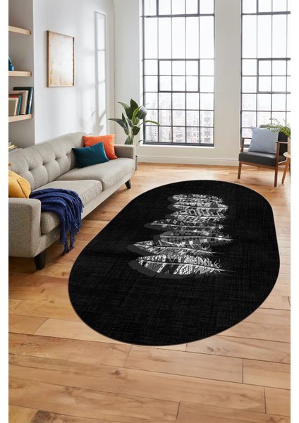 Baskılı Kaymaz Yıkanabilir Modern Yaprak Desen Oval Yolluk Salon Halısı O-Modern-50-Antrasit fiyatları
