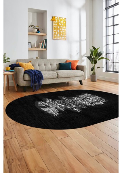 Baskılı Kaymaz Yıkanabilir Modern Yaprak Desen Oval Yolluk Salon Halısı O-Modern-50-Antrasit modelleri