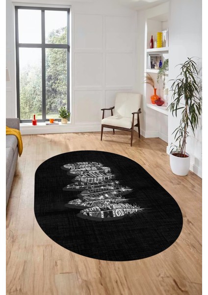 Baskılı Kaymaz Yıkanabilir Modern Yaprak Desen Oval Yolluk Salon Halısı O-Modern-50-Antrasit fırsatları
