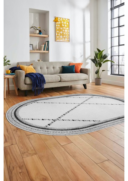 Renkli Modern Kilim Desenli Dijital Kaymaz Yıkanabilir Oval Yolluk Salon Halısı O-Modern-76-Gri