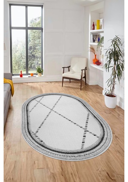Renkli Modern Kilim Desenli Dijital Kaymaz Yıkanabilir Oval Yolluk Salon Halısı O-Modern-76-Gri fiyatları