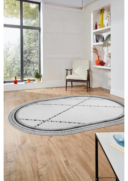 Renkli Modern Kilim Desenli Dijital Kaymaz Yıkanabilir Oval Yolluk Salon Halısı O-Modern-76-Gri modelleri