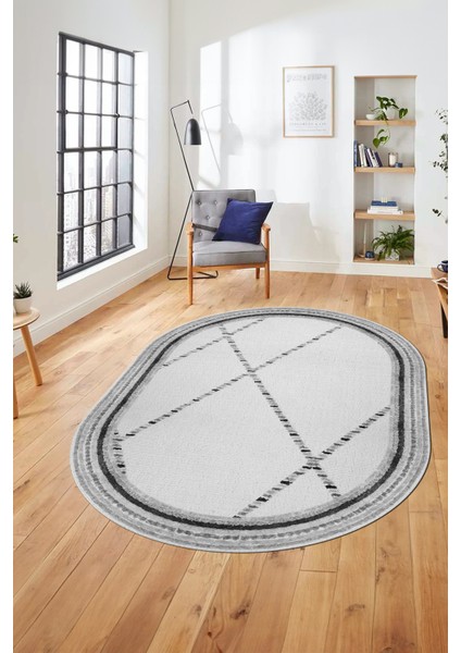 Renkli Modern Kilim Desenli Dijital Kaymaz Yıkanabilir Oval Yolluk Salon Halısı O-Modern-76-Gri fırsatları