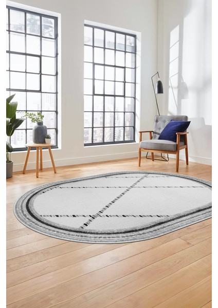 Renkli Modern Kilim Desenli Dijital Kaymaz Yıkanabilir Oval Yolluk Salon Halısı O-Modern-76-Gri indirimleri