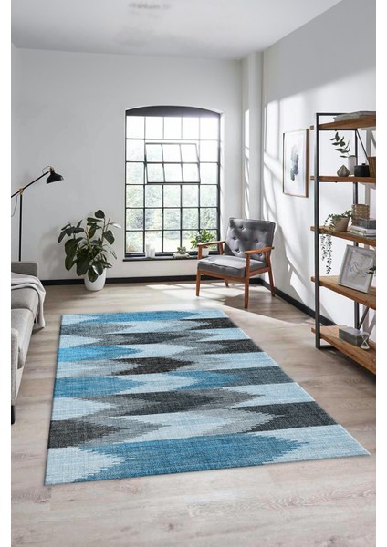 Renkli Desen Baskılı Kaymaz Taban Yıkanabilir Modern Yolluk Salon Halısı MODERN-104-MAVİ