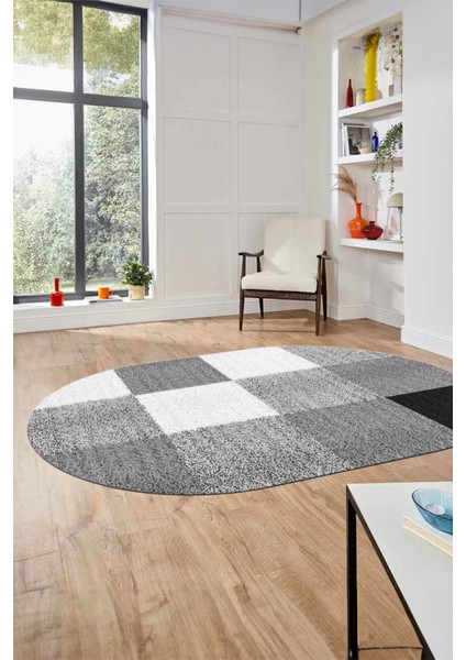 3D Baskılı Kaymaz Yıkanabilir Oval Koridor Halısı Mutfak Halısı Salon Halısı O-Modern-53-Gri
