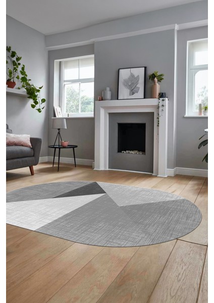 Baskılı Kaymaz Yıkanabilir Modern Oval Yolluk Koridor Mutfak Salon Halısı O-Modern-38-Gri