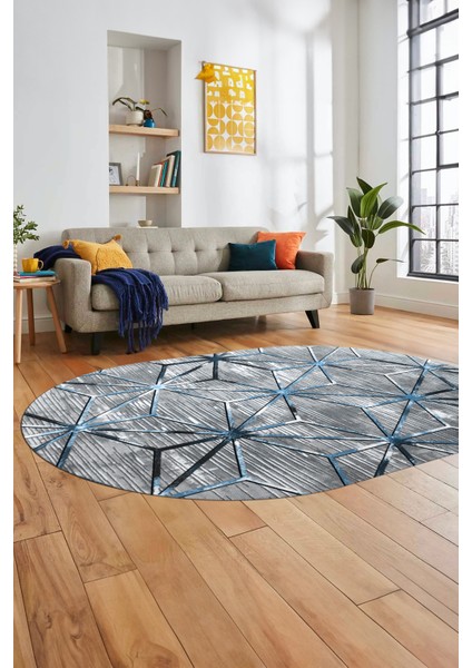 3D Baskılı Kaymaz Yıkanabilir Modern Oval Yolluk Koridor Mutfak Salon Halısı O-Modern-39-Mavi fırsatları
