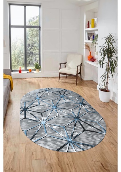 3D Baskılı Kaymaz Yıkanabilir Modern Oval Yolluk Koridor Mutfak Salon Halısı O-Modern-39-Mavi indirimleri