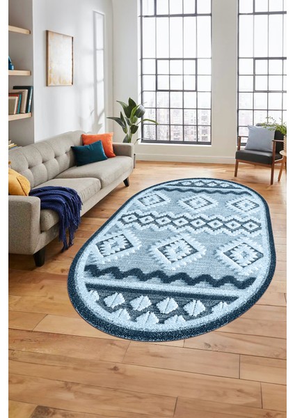 3D Baskılı Kaymaz Yıkanabilir Şık Kilim Desen Oval Yolluk Halısı Salon Halısı O-Modern-68-Mavi