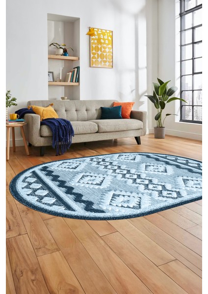 3D Baskılı Kaymaz Yıkanabilir Şık Kilim Desen Oval Yolluk Halısı Salon Halısı O-Modern-68-Mavi