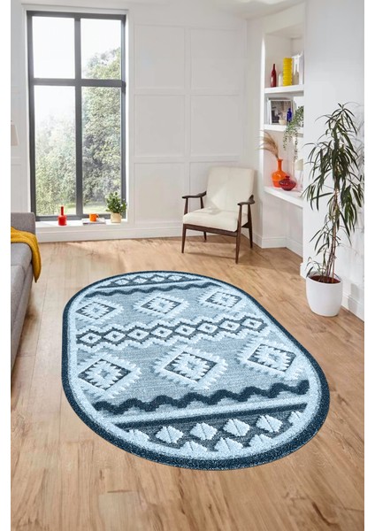3D Baskılı Kaymaz Yıkanabilir Şık Kilim Desen Oval Yolluk Halısı Salon Halısı O-Modern-68-Mavi